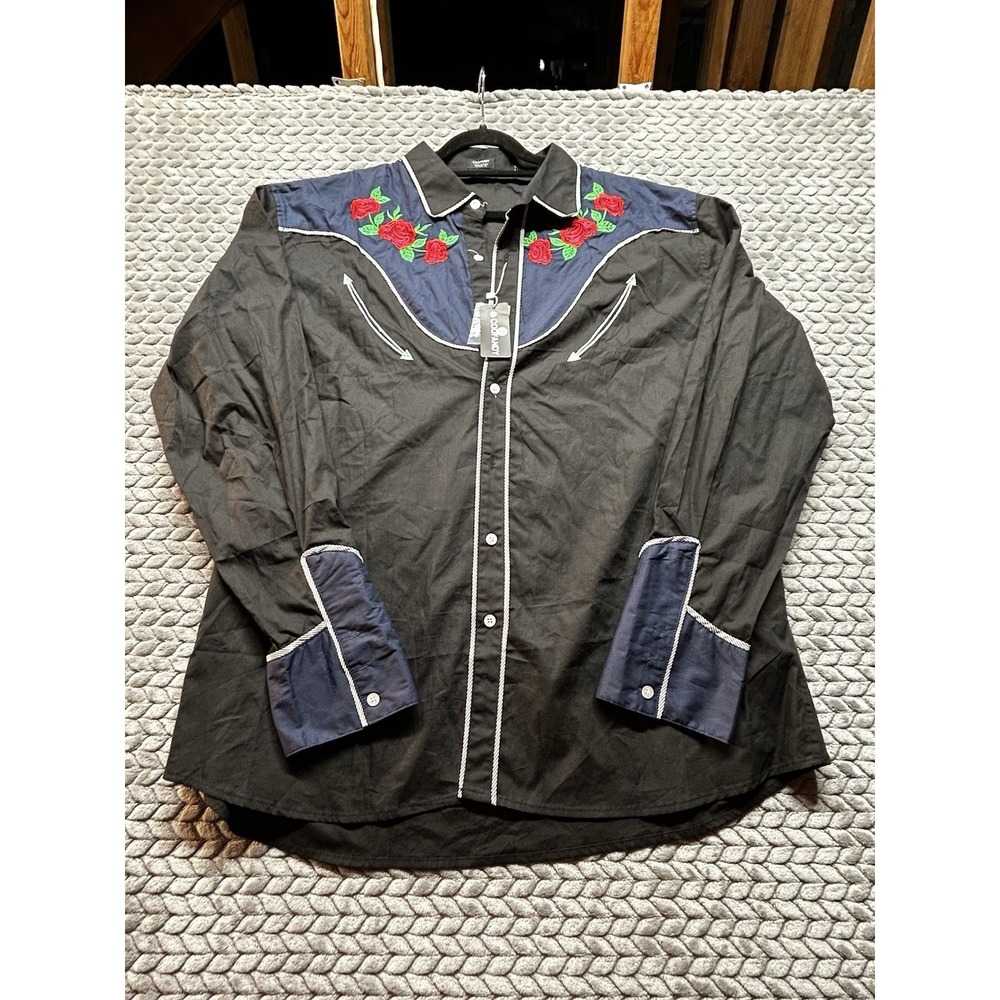 COOFANDY XXL Western Pearl Snap Shirt Rose Embroidered NW - Picture 2 of 9